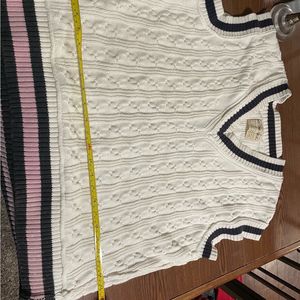 FREE PEOPLE- Preppy V-Neck Cable Knit Sweater Vest - White, Navy, and Pink